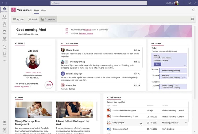 Connect Me Dashboard in Microsoft Teams, Screenshot: Valo 